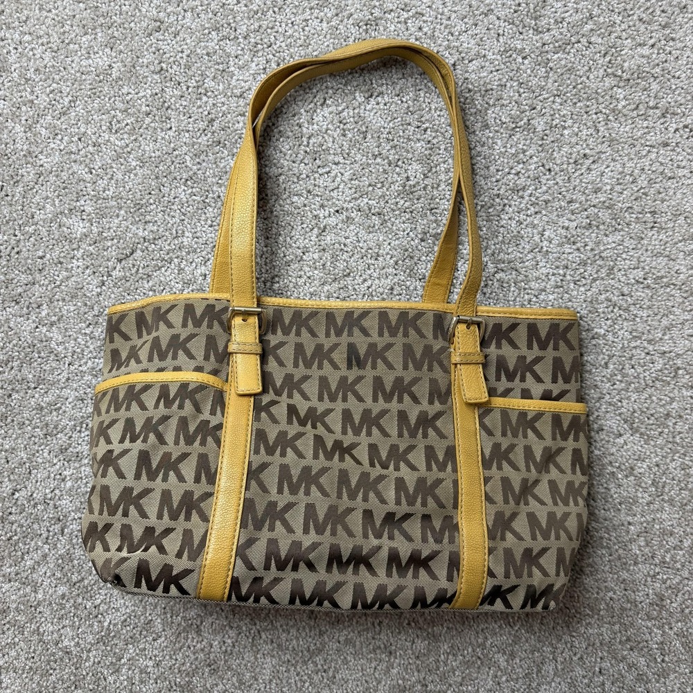 Michael Kors Tote Bag Womens Medium Brown Canvas Leather Logo Zip Shoulder